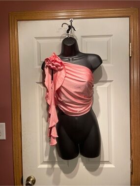 SHEIN Coral Pink One-Shoulder Ruffle Crop Top